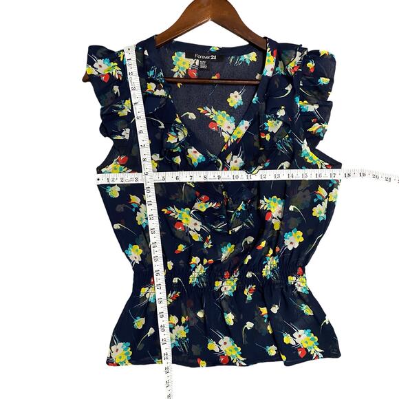 Vtg Forever 21 Blouse Top Womens Size M Sheer Floral Navy Flutter Sleeve Peplum - Picture 6 of 9